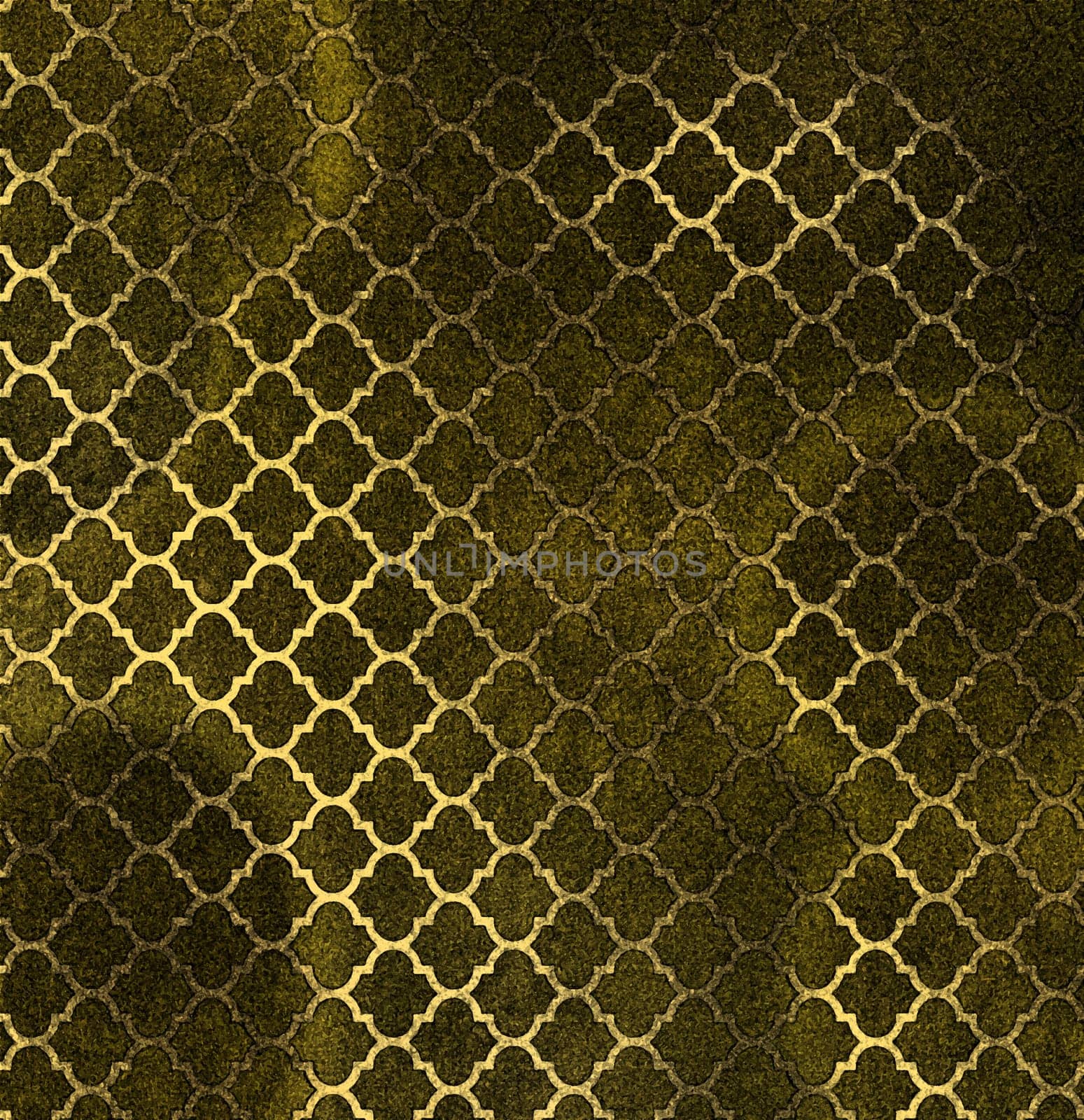Textured abstract yellow ornament on a dark green background with spots on the surface