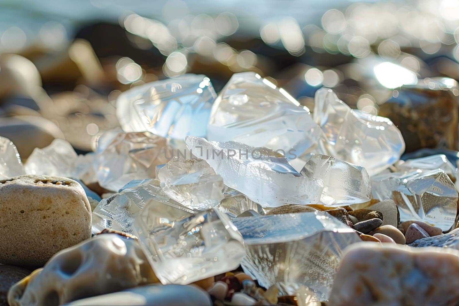 This close-up shot features various rocks partially submerged in water. The water appears clear and reflects the sky above. The rocks are diverse in size and shape, creating a textured scene of natural elements interacting.