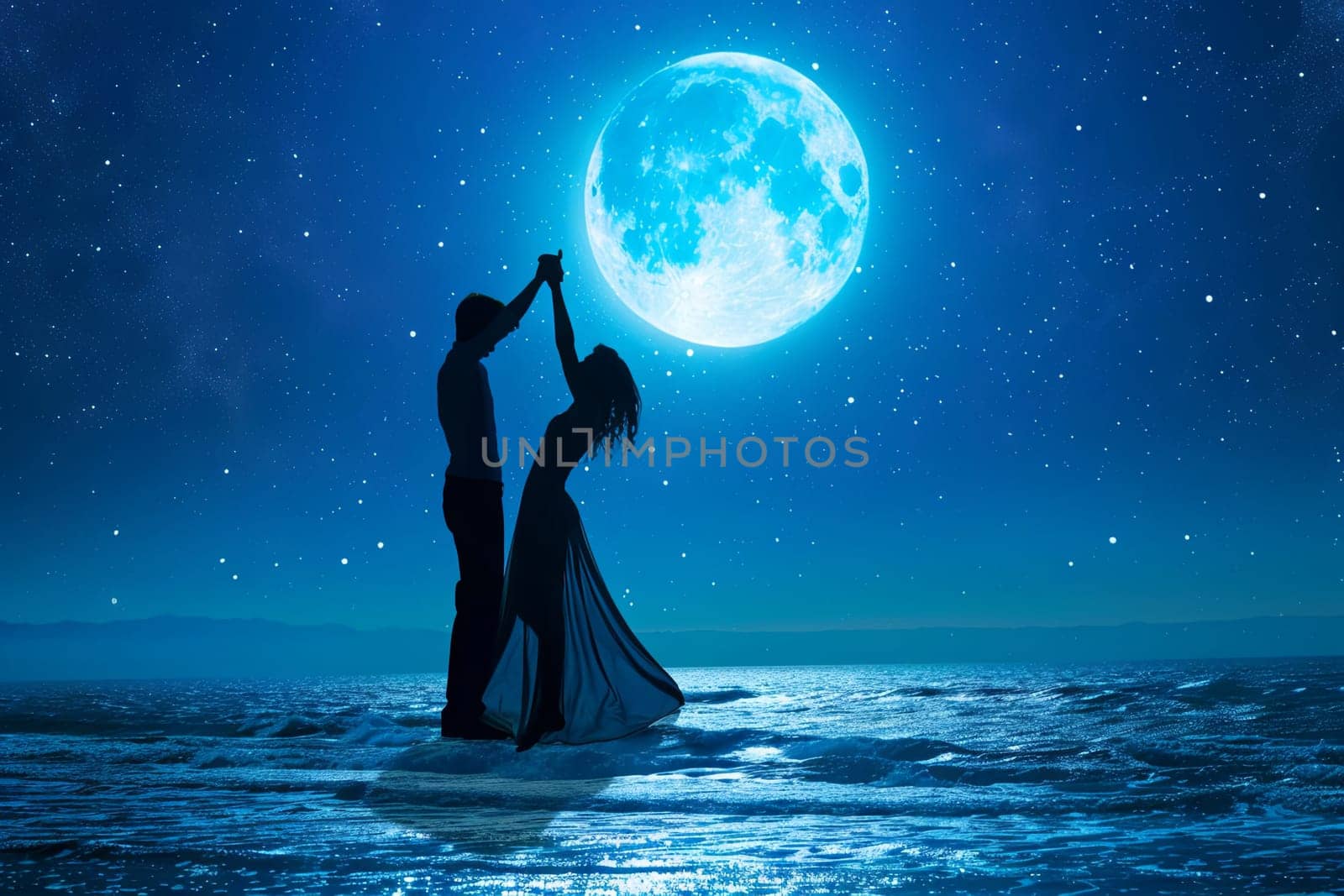 A man and a woman are dancing together on the beach at night, illuminated by the full moon. The couple moves gracefully to music, their silhouettes reflected in the calm ocean waters.
