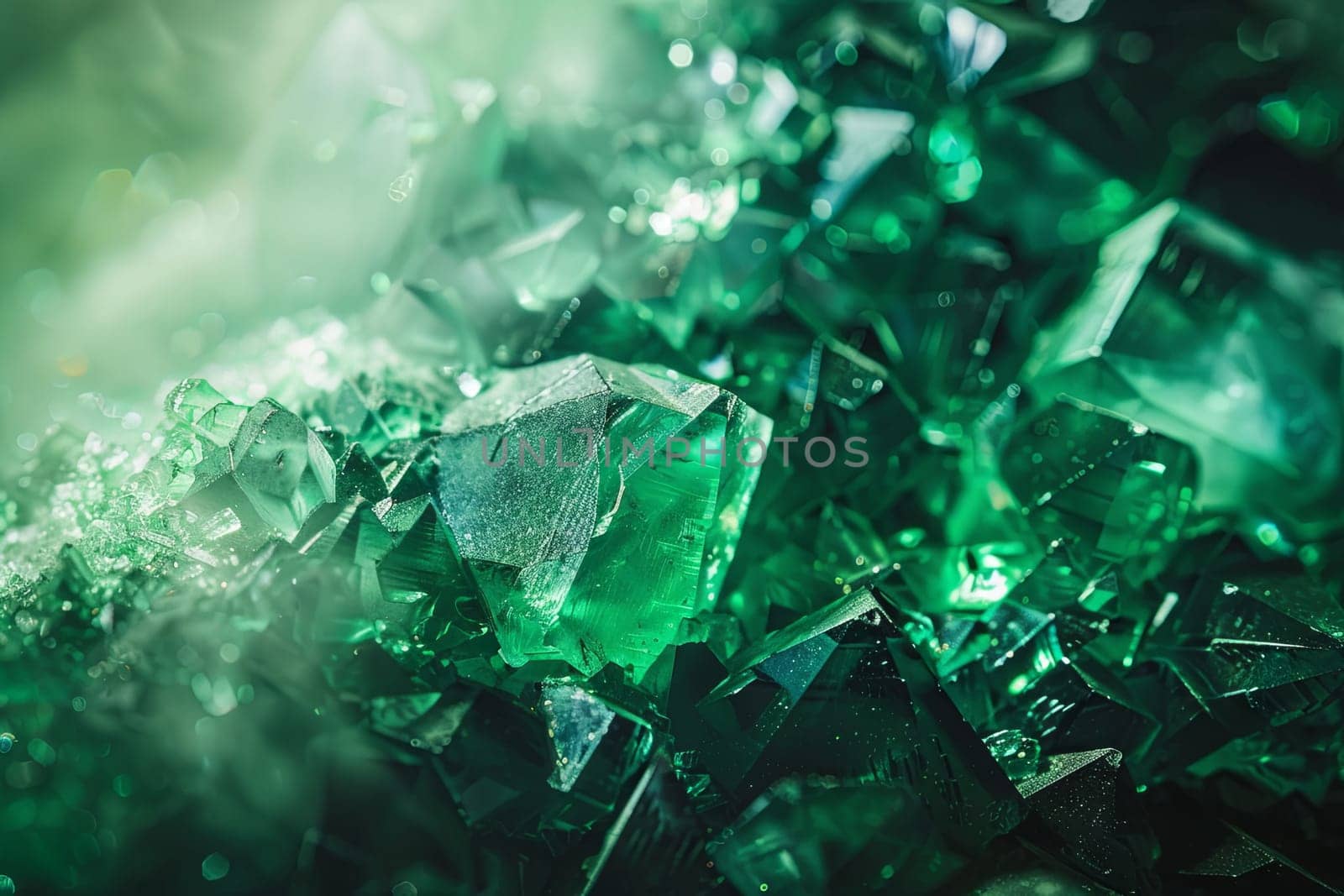 A detailed close-up of vibrant green crystals capturing the intricate formations and textures. The crystals glisten under the light, showcasing their natural beauty and unique composition.