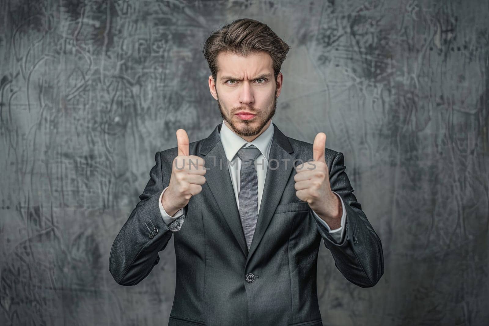 A professional man dressed in a suit is expressing approval by giving a thumbs up gesture. He appears confident and satisfied with the situation.