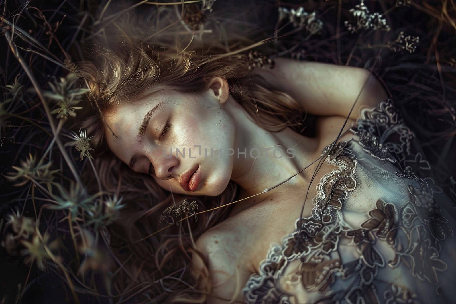 A woman lies asleep in a lush field of colorful flowers, surrounded by natures beauty. The woman appears peaceful as she rests amongst the vibrant blooms, embracing the tranquility of the natural setting.