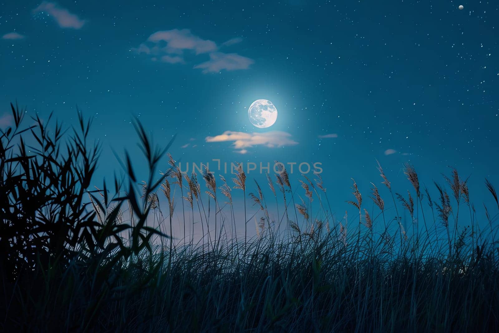 A full moon shines brightly in the night sky, casting a soft glow over the landscape below. The stars twinkle around it, creating a mesmerizing celestial view.