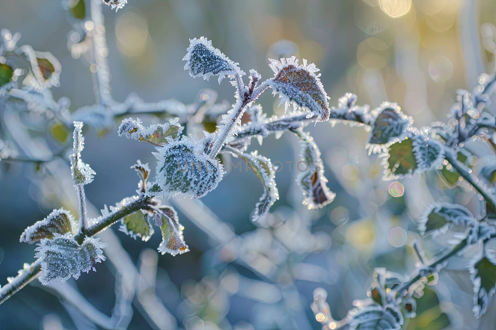 A tree branch covered in frost, showcasing vibrant green leaves and delicate buds emerging in the cold. The frost gives a glistening appearance to the branch, creating a beautiful winter scene.
