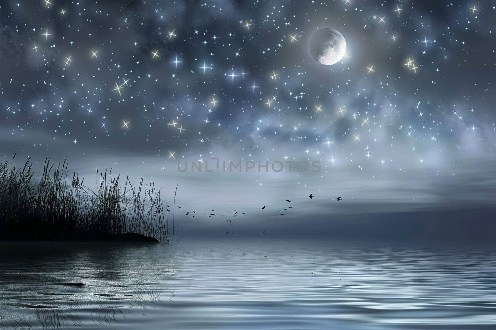 A painting depicting a night sky filled with twinkling stars and a large, luminous moon. The stars are scattered across the dark sky, shining brightly alongside the glowing moon.