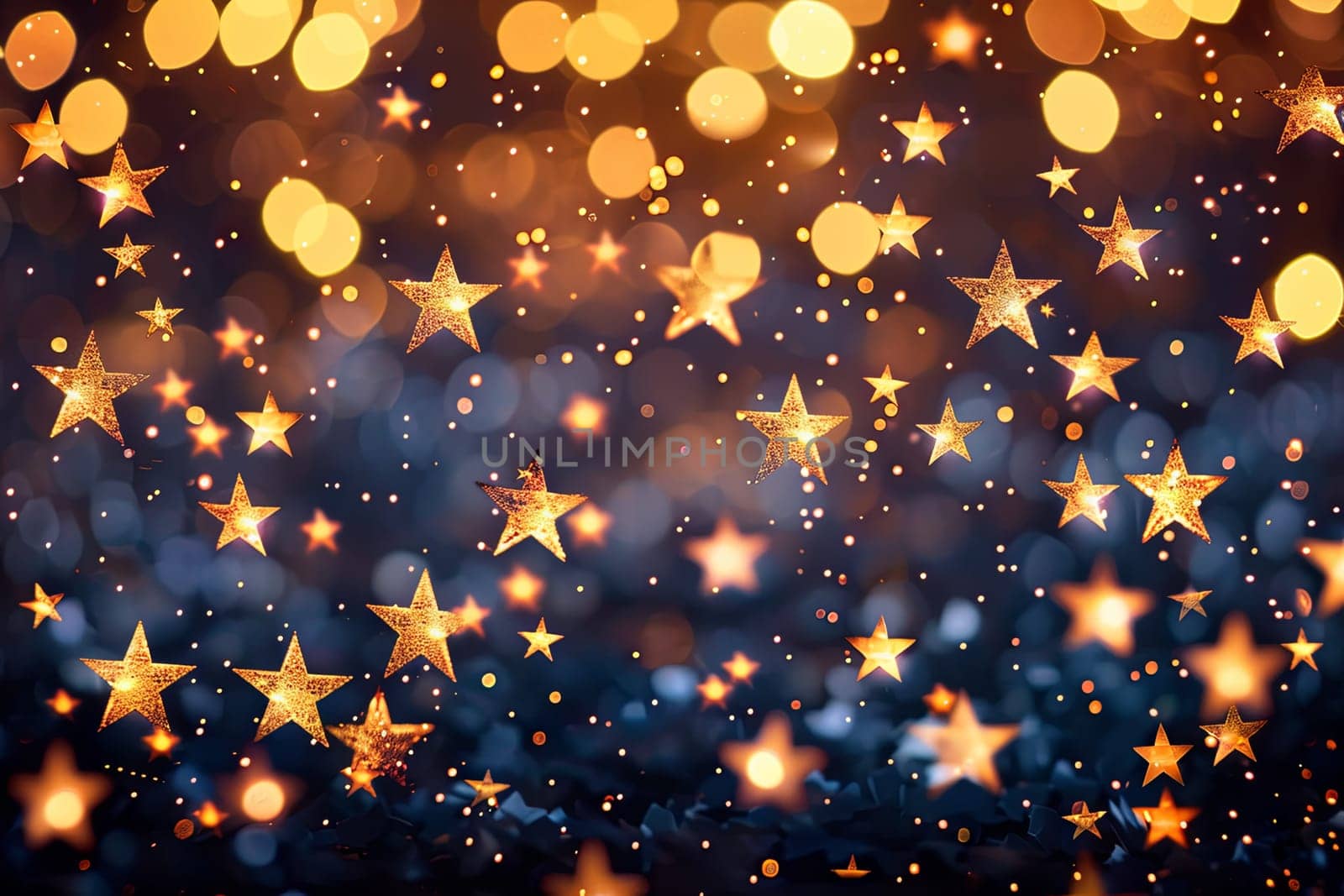 Multiple gold stars are falling from the sky, creating a dazzling spectacle as they descend towards the ground in a steady and mesmerizing pattern. The stars twinkle and shimmer as they light up the sky with their radiant presence.