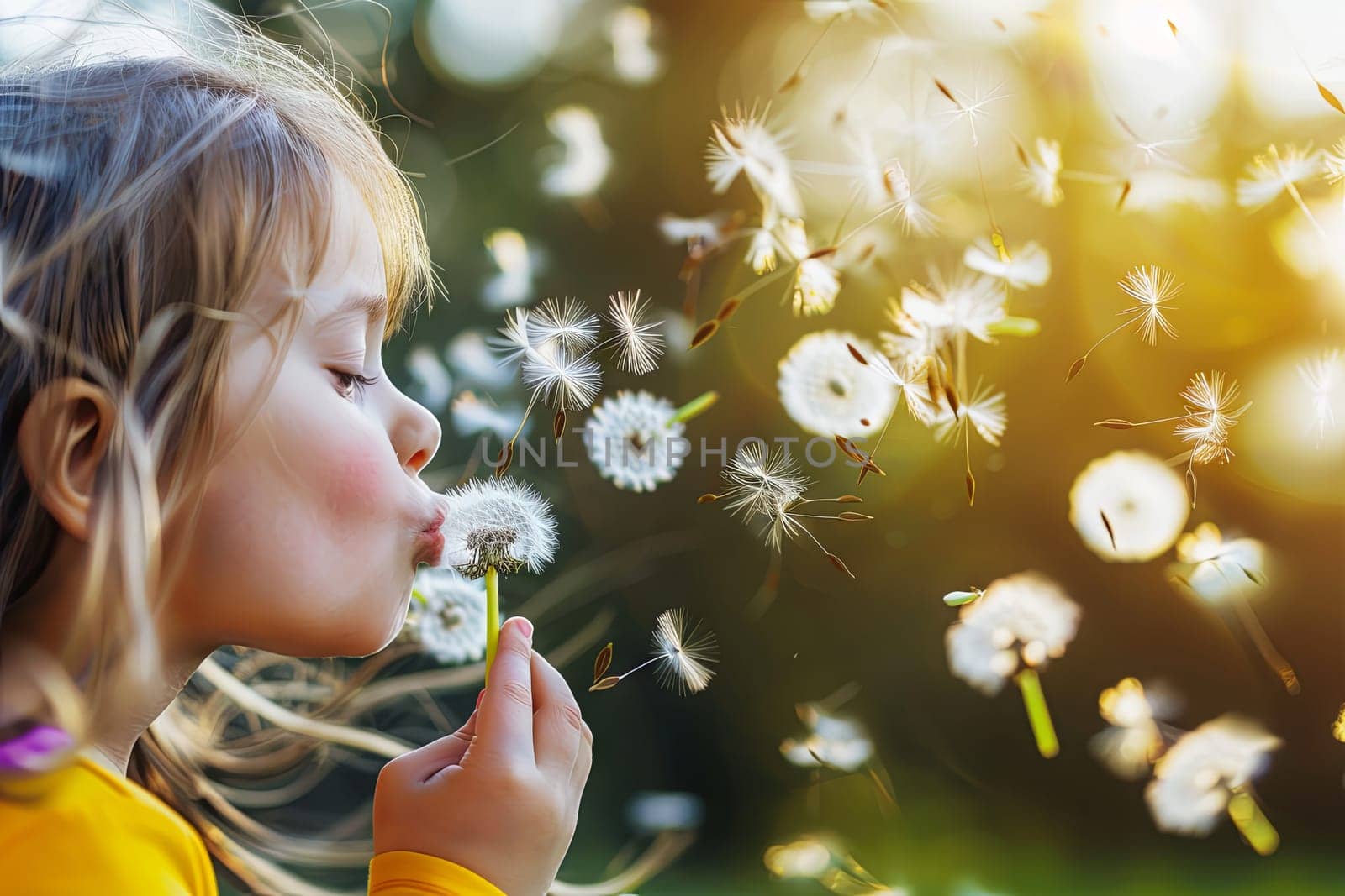 A young female child is holding a dandelion flower in her hands and blowing on it gently. The dandelion seeds are floating away in the air as she blows on the flower.
