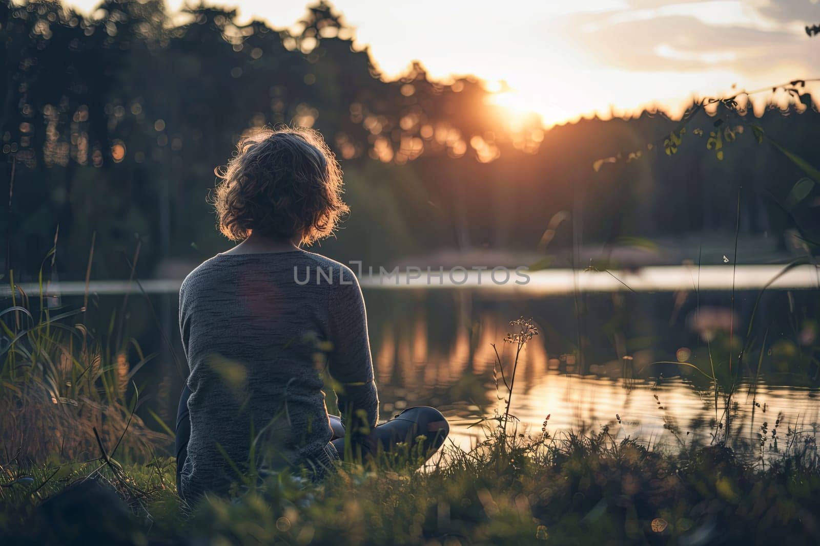 A person is seated on a grass field next to a body of water. The individual appears relaxed and is enjoying the natural setting surrounding them.