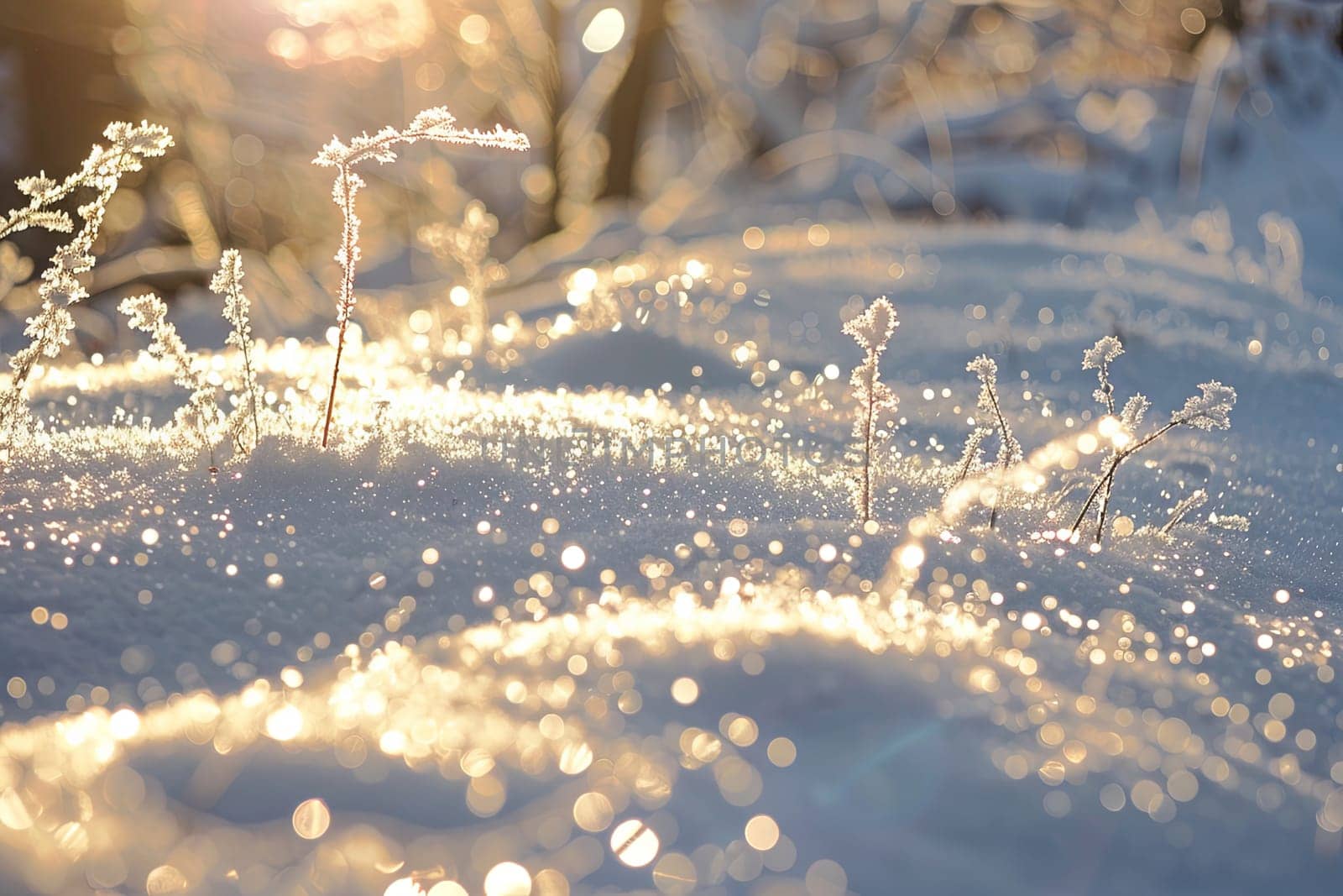 This close-up shot depicts blades of grass covered in a blanket of snow. The snow has settled on the thin green stems, creating a stark contrast between the white and green colors. Each individual blade is visible, showcasing the delicate and intricate details of the grass stalks covered in snow.