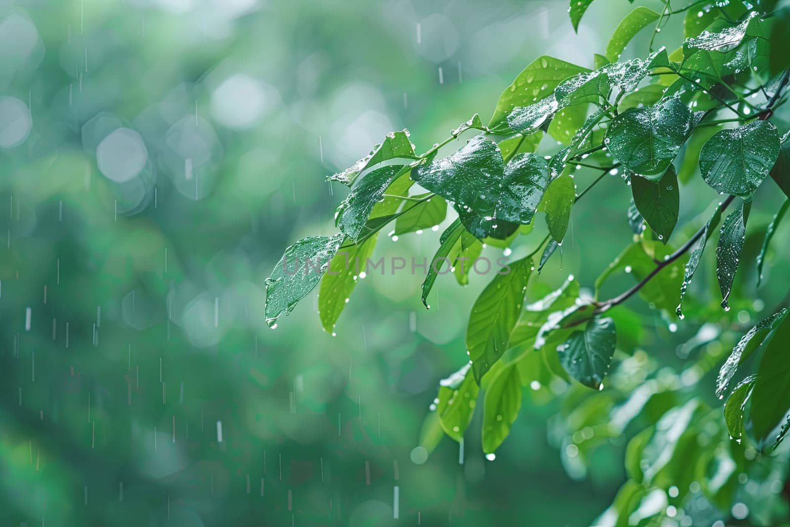 A detailed view of a tree branch covered in water droplets, highlighting the intricate patterns and textures created by natures elements.