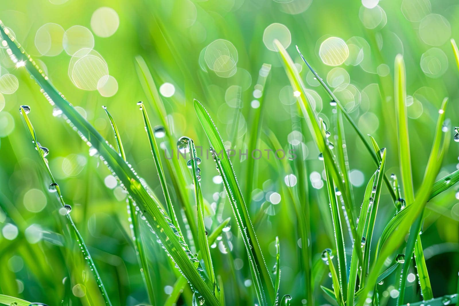 A detailed view of green grass blades featuring delicate water droplets on their surface. The droplets glisten in the sunlight, adding texture and interest to the grass.