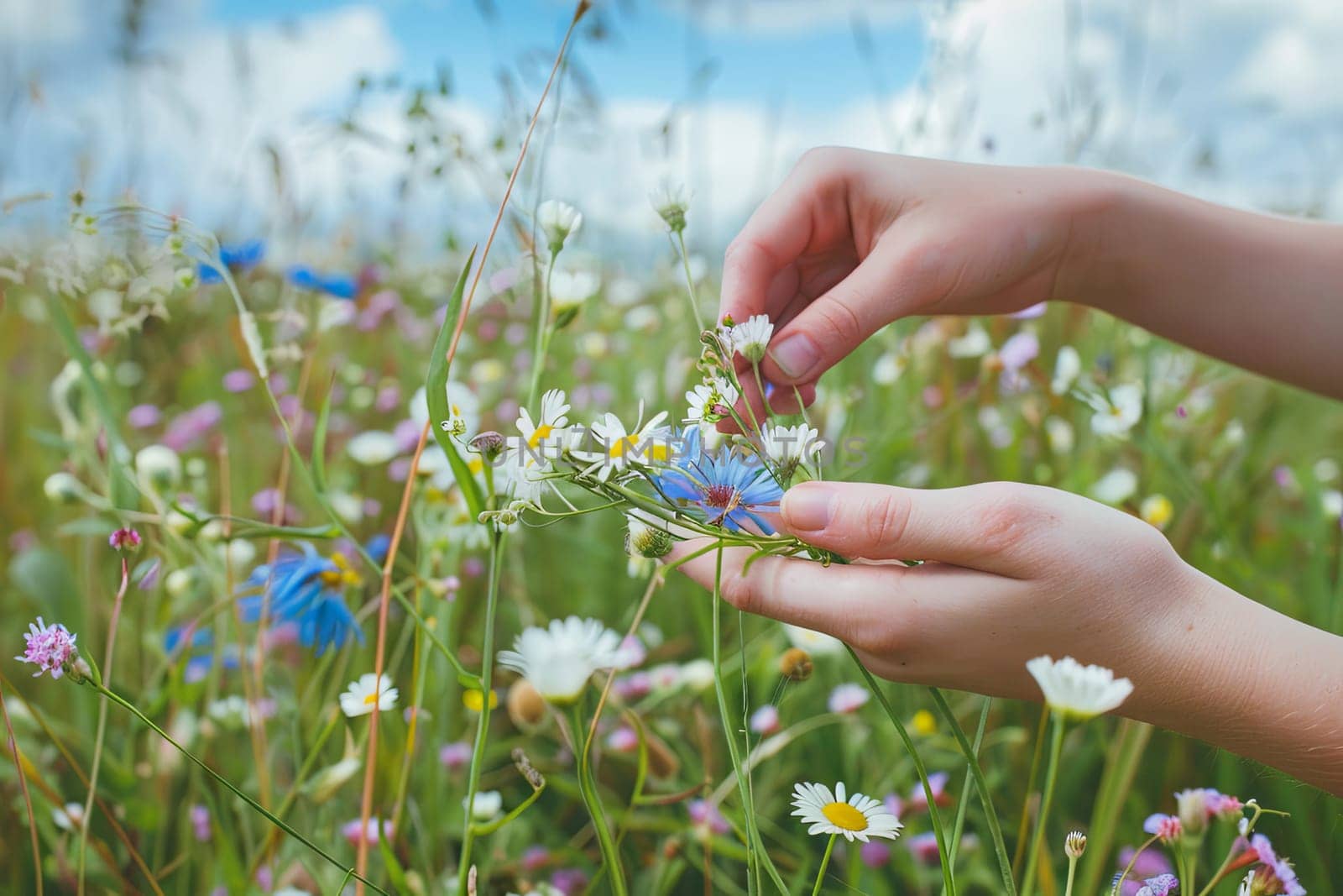 Two hands, belonging to individuals unseen, stretch out towards a single vibrant flower in a vast field. The hands are delicately poised, fingers extended in a bid to gently touch the delicate petals of the flower.