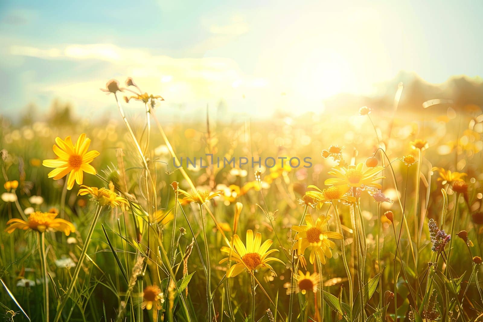 A field is filled with vibrant yellow flowers, their petals reaching towards the sun as it sets in the background. The scene is bathed in a warm golden light, creating a picturesque view of nature in bloom.