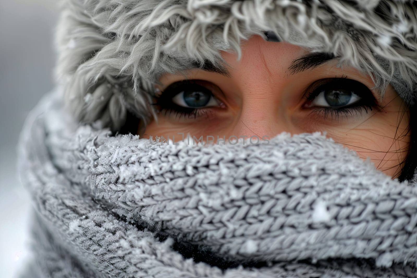 A close-up shot of a person bundled up in a hat and scarf, possibly to keep warm in cold weather. The focus is on the individuals attire and facial features.