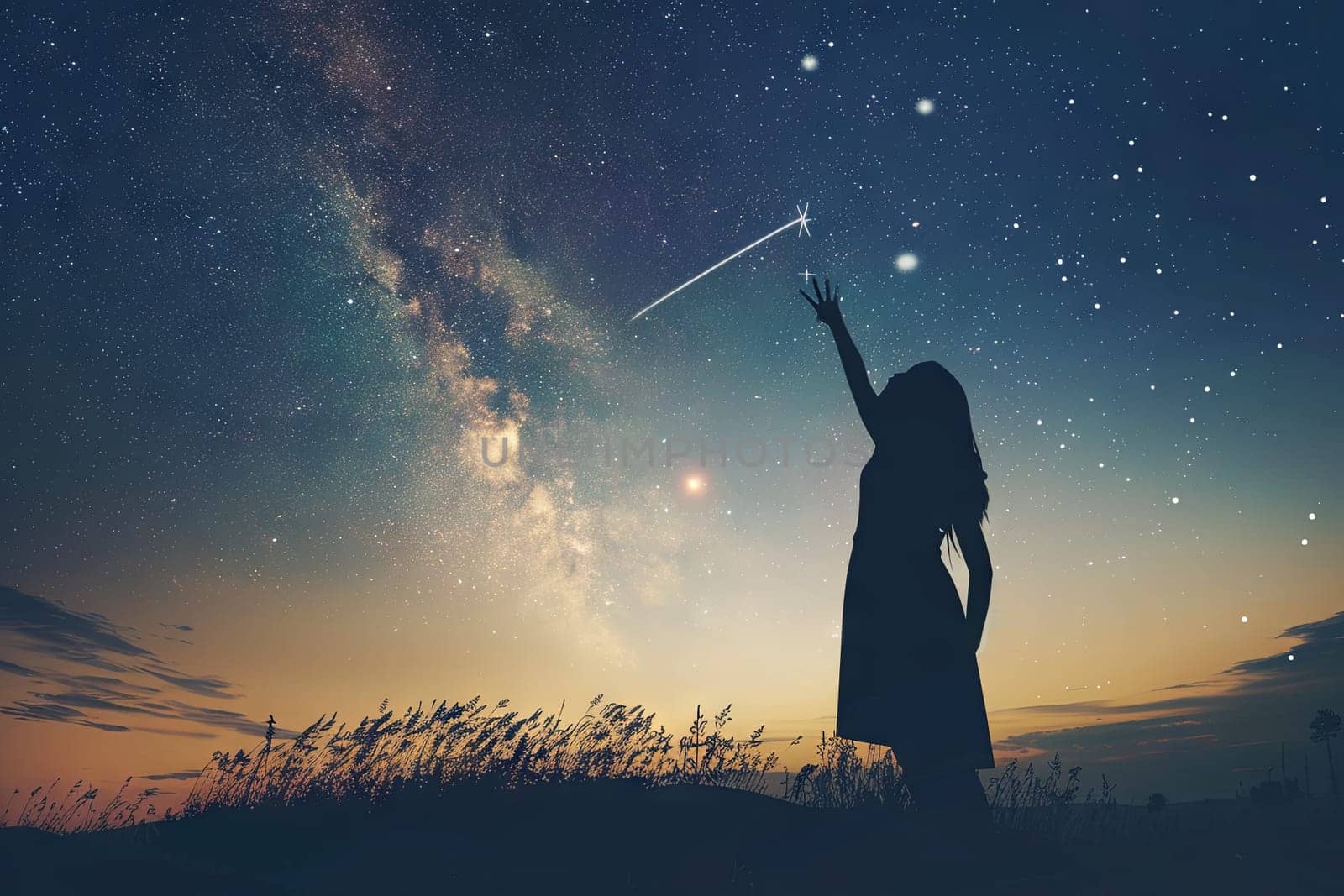 A woman with outstretched arms reaching towards the stars in the night sky, symbolizing aspiration and wonder. She stands against a dark backdrop of twinkling stars.