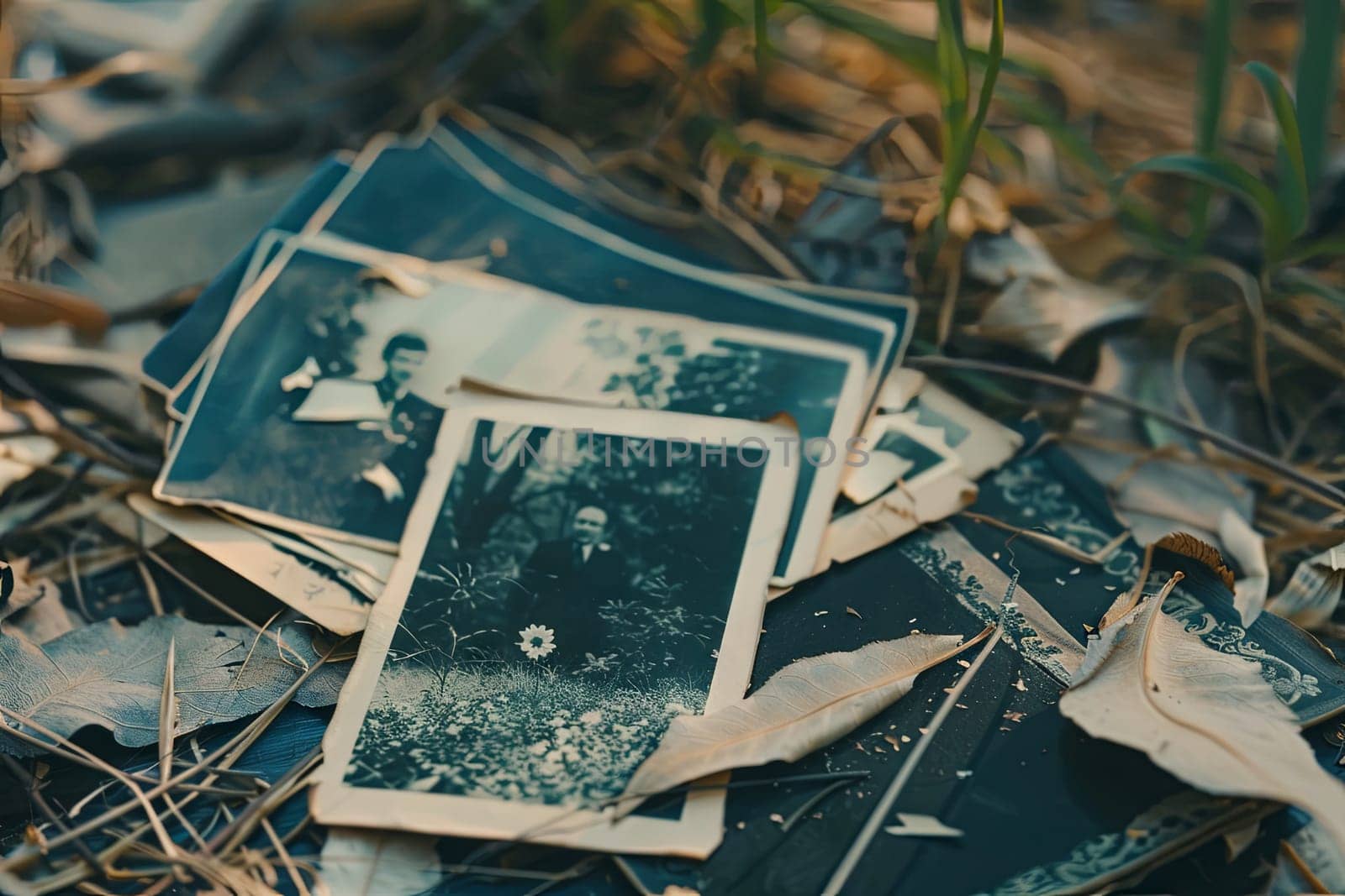 A collection of aged pictures spread out on the floor, depicting various moments frozen in time. The photographs are worn and faded, showing glimpses of history and memories captured in each frame.