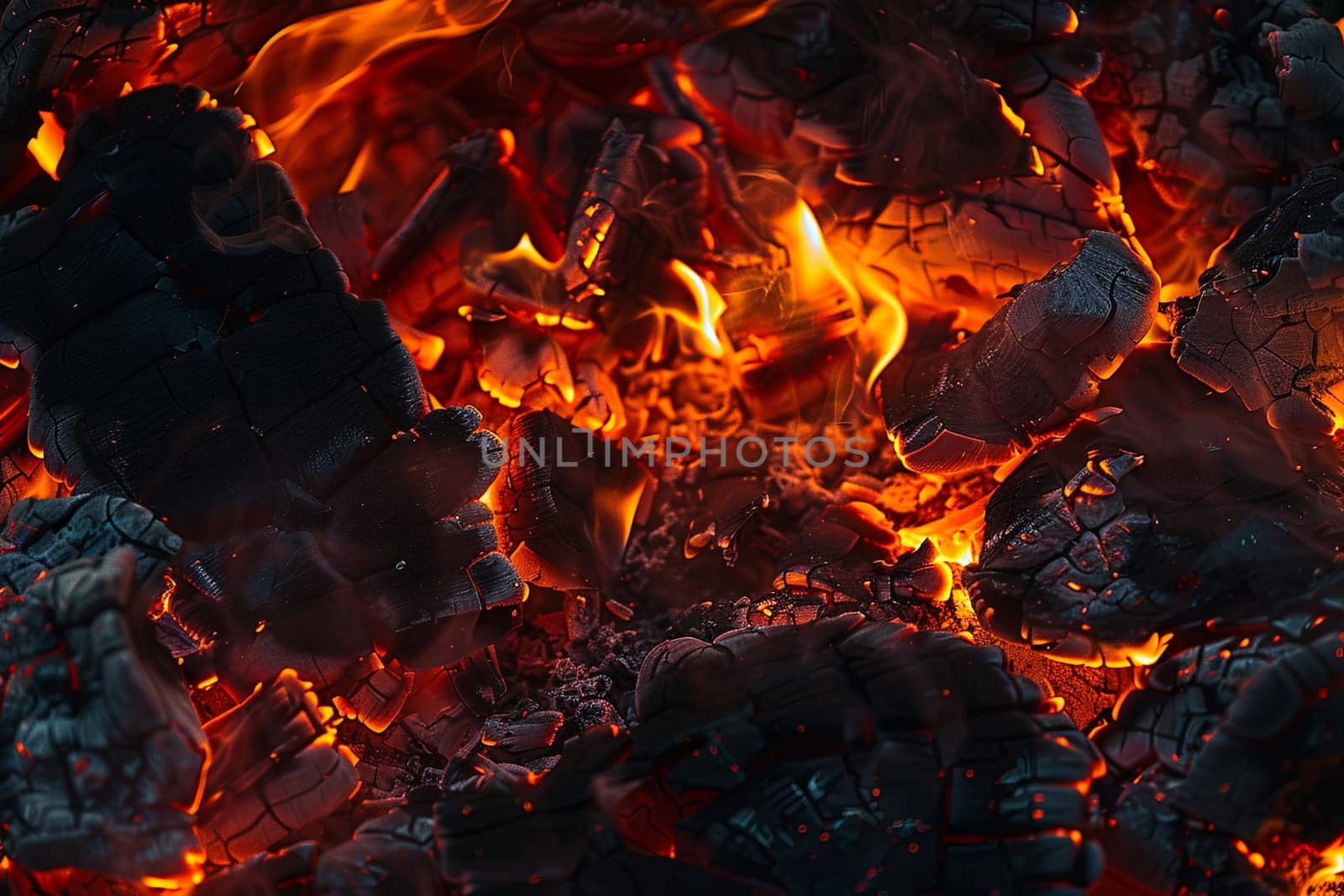The image shows a close-up view of a fiery hot coal burning fiercely. The red and orange flames dance around the glowing coals, emitting heat and light.