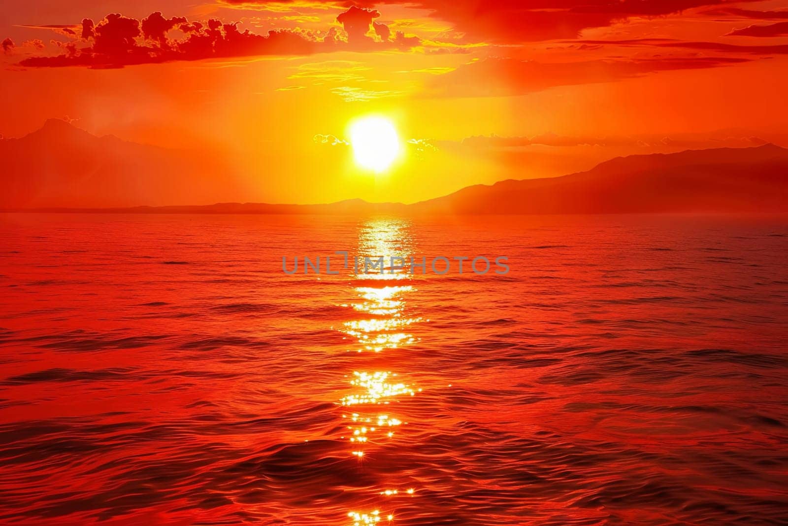 The sun is setting over the ocean, casting a warm orange glow on the water. A small boat is visible in the distance, floating peacefully on the calm waves.