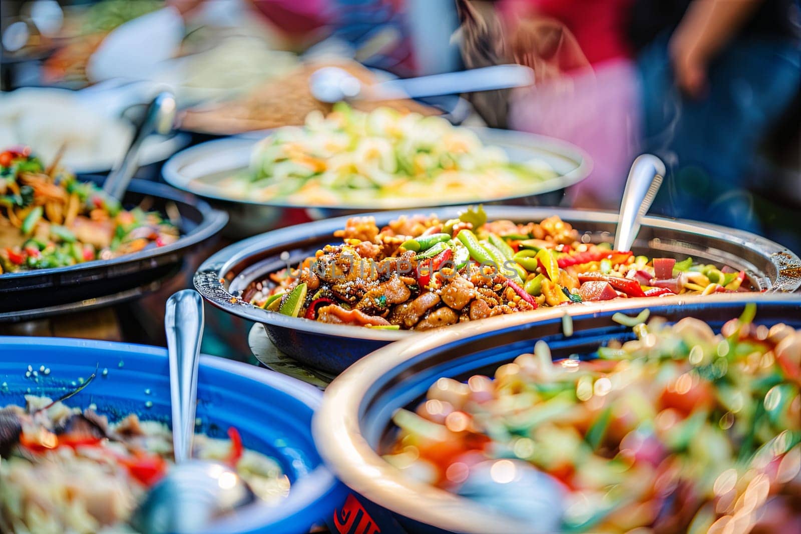 Close up view of a table covered with numerous plates of various food items like pasta, salad, meats, and vegetables. Each plate is meticulously arranged and showcases a range of flavors and textures.