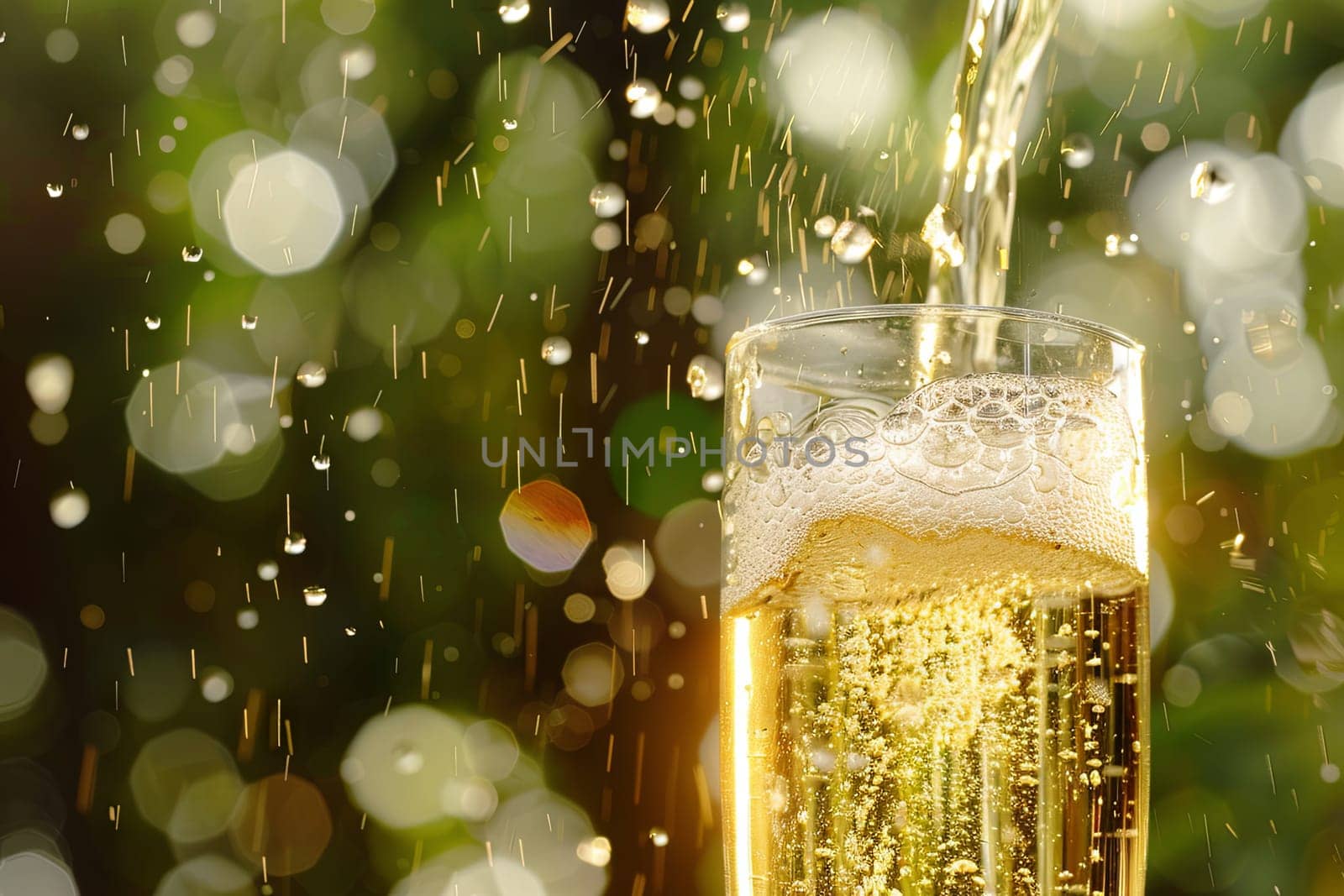 A clear pint glass is being filled with golden, bubbly beer as it is poured from a bottle. The beer foam rises to the top of the glass, creating a frothy head.