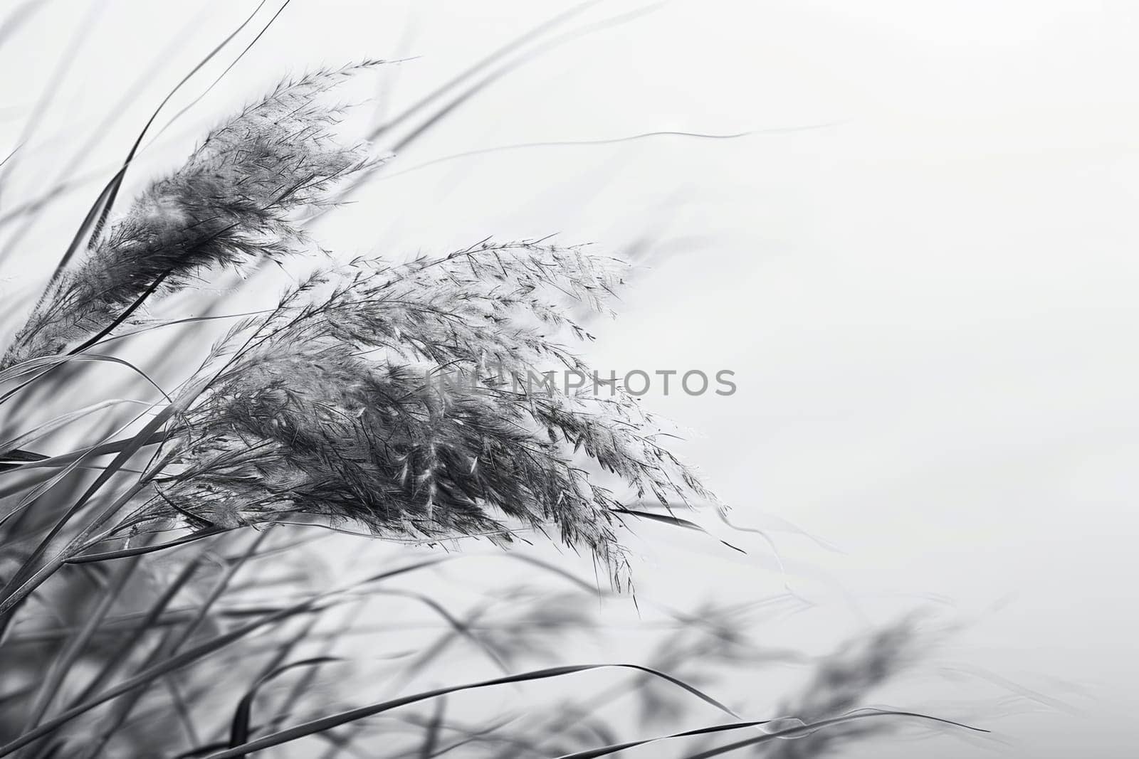 This black and white scene captures a cluster of tall grass swaying gently in the wind. The grass blades stand tall, creating a sense of movement and tranquility.
