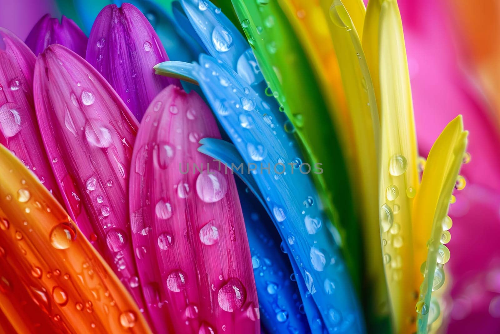 A cluster of vibrant flowers, each petal adorned with glistening water droplets, showcasing a beautiful play of light and color in a fresh and natural setting.