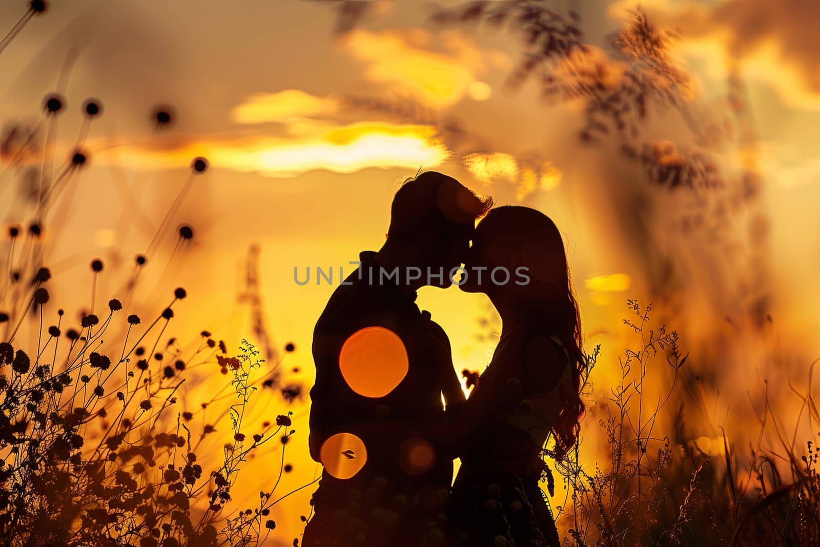 A couple passionately kisses in a field as the sun sets, casting a warm glow over the scene. They are surrounded by tall grass and wildflowers, creating a romantic backdrop for their intimate moment.