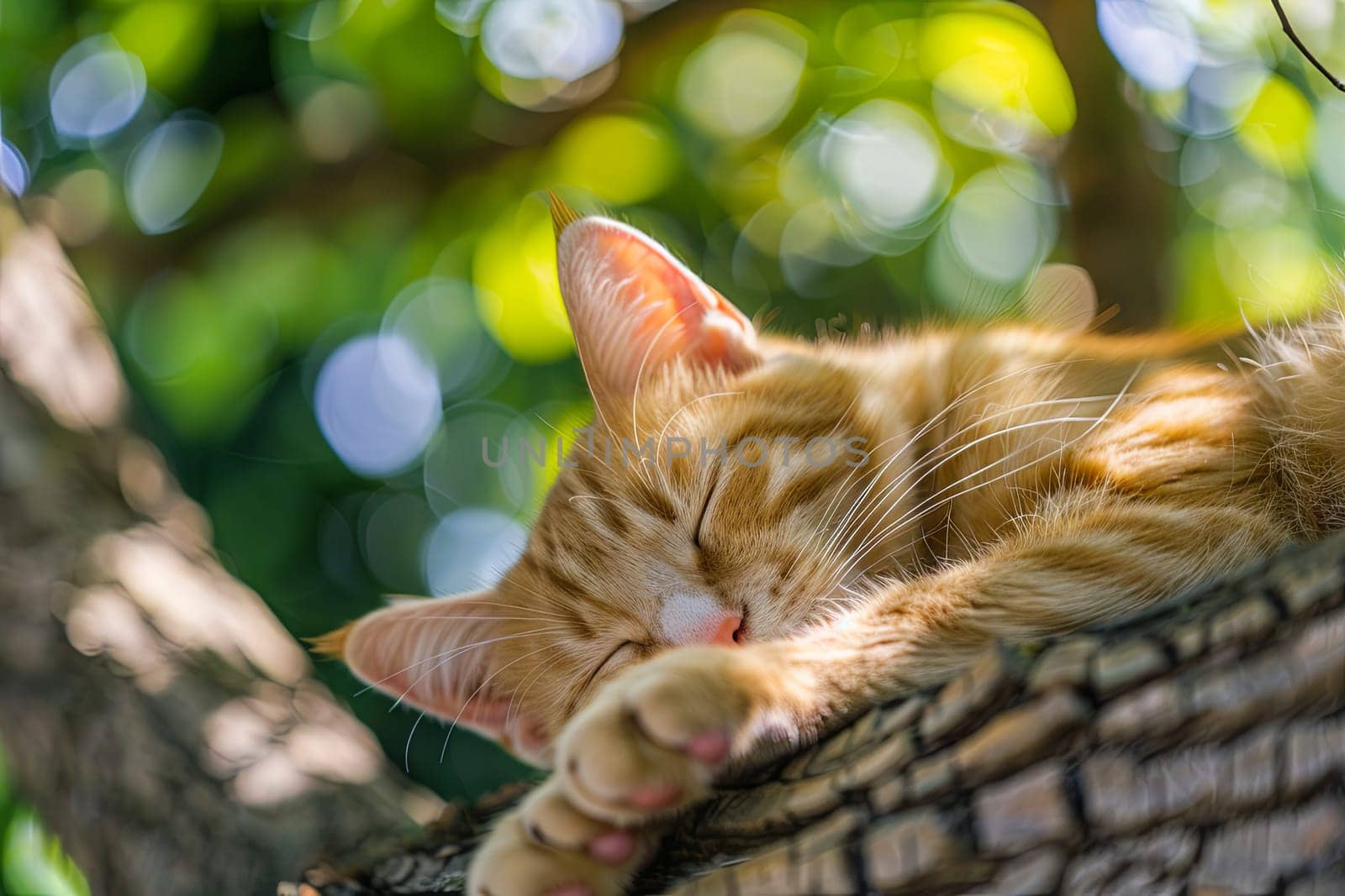 A domestic cat with a striped coat is peacefully sleeping in a tree with its eyes closed. The feline is curled up comfortably among the branches, completely at ease.