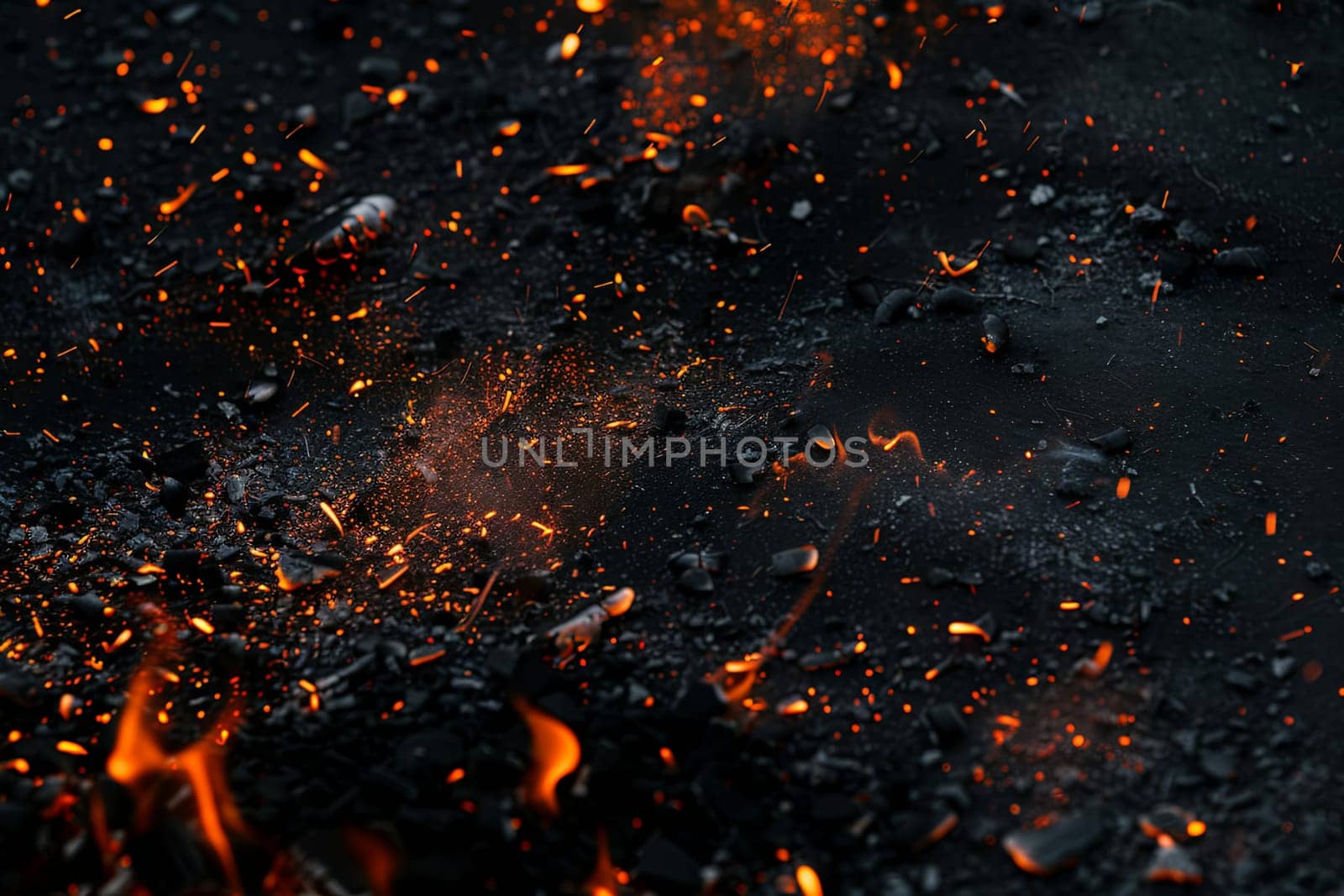 A close-up view of a bright orange and yellow fire blazing intensely on a dark black surface. The flames flicker and dance, casting a warm glow in the surrounding area.