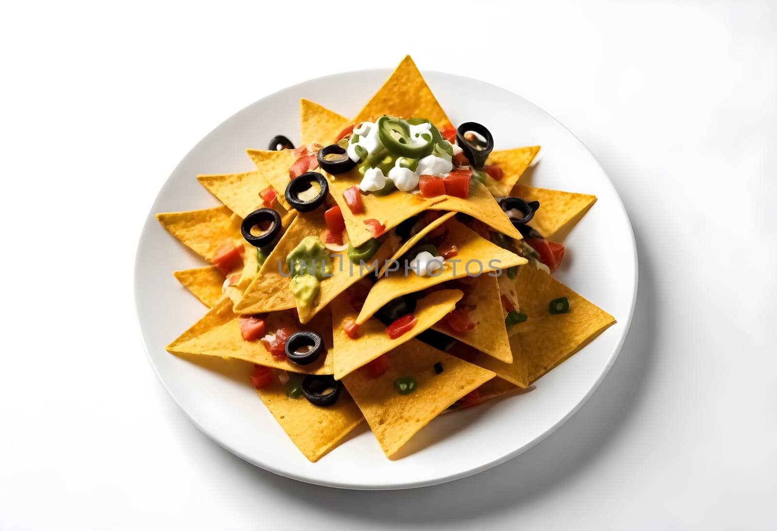 AI generated of nachos on a white plate with toppings