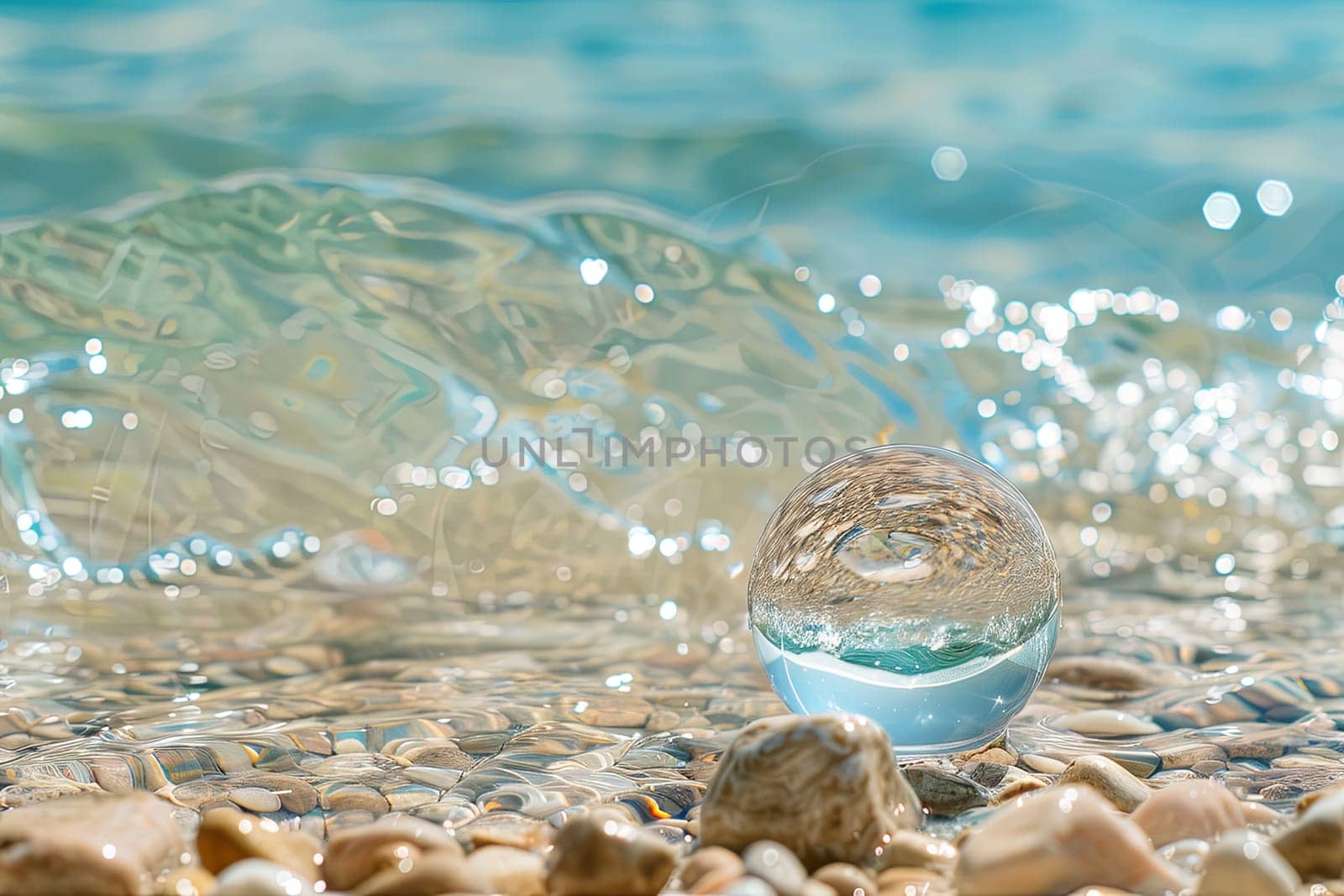 A glass ball is placed on top of a sandy beach, creating a contrasting visual element against the natural landscape. The sphere reflects the sunlight, adding a touch of shine to the scene.