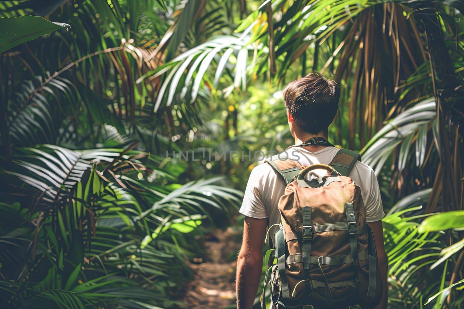 A man with a backpack is trekking through dense foliage in a jungle. He is surrounded by towering trees and lush green vegetation, navigating through the rugged terrain. The man appears focused and determined as he explores the wilderness on foot.