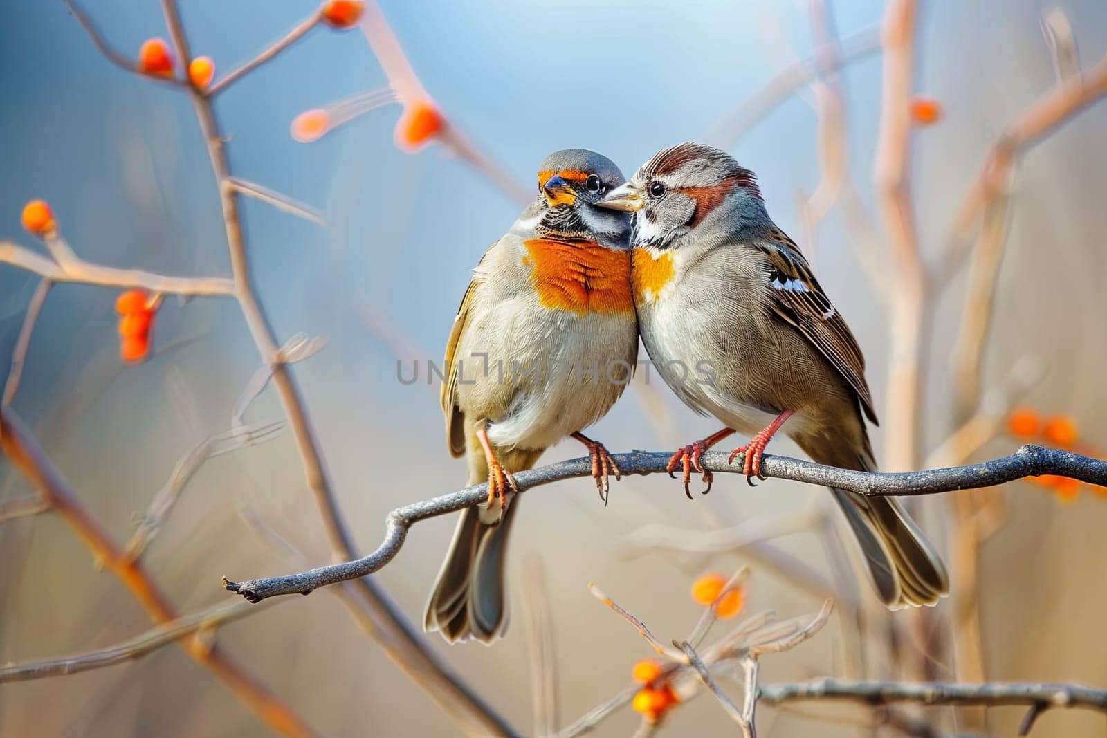 Two small birds are perched on a tree branch, with one facing left and the other facing right. The birds appear to be resting or observing their surroundings.
