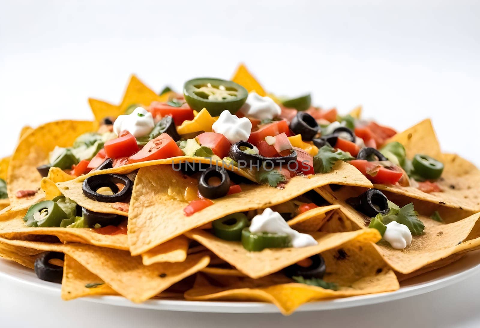 AI generated of nachos on a white plate with toppings