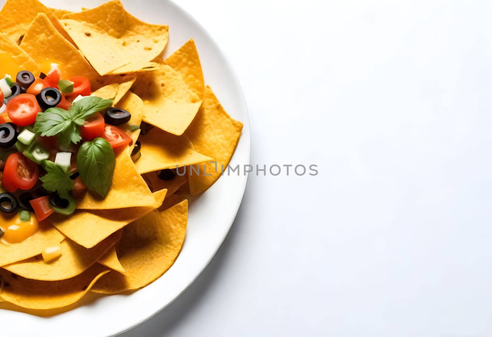 AI generated of nachos on a white plate with toppings