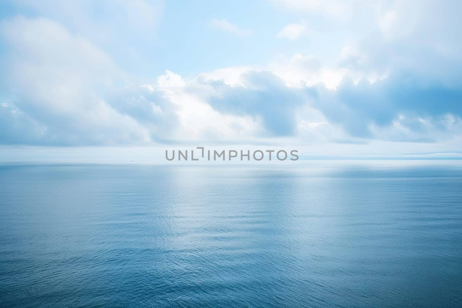 A vast expanse of water stretches out under a sky filled with thick clouds, creating a moody and dramatic atmosphere. The water reflects the overcast sky, with ripples indicating a slight breeze on the surface.