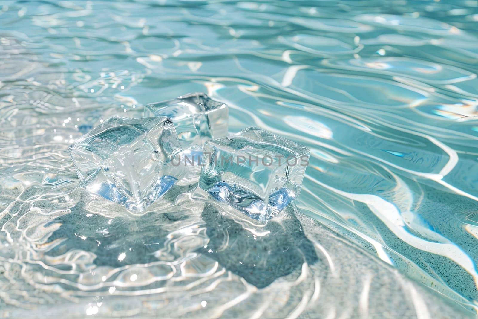 An ice cube floats effortlessly in a pool of clear water, its frozen form slowly melting as it interacts with the warmer liquid, creating a visual contrast between solid and liquid states.