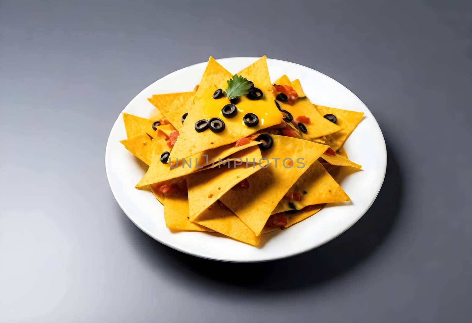 AI generated of nachos on a white plate with toppings