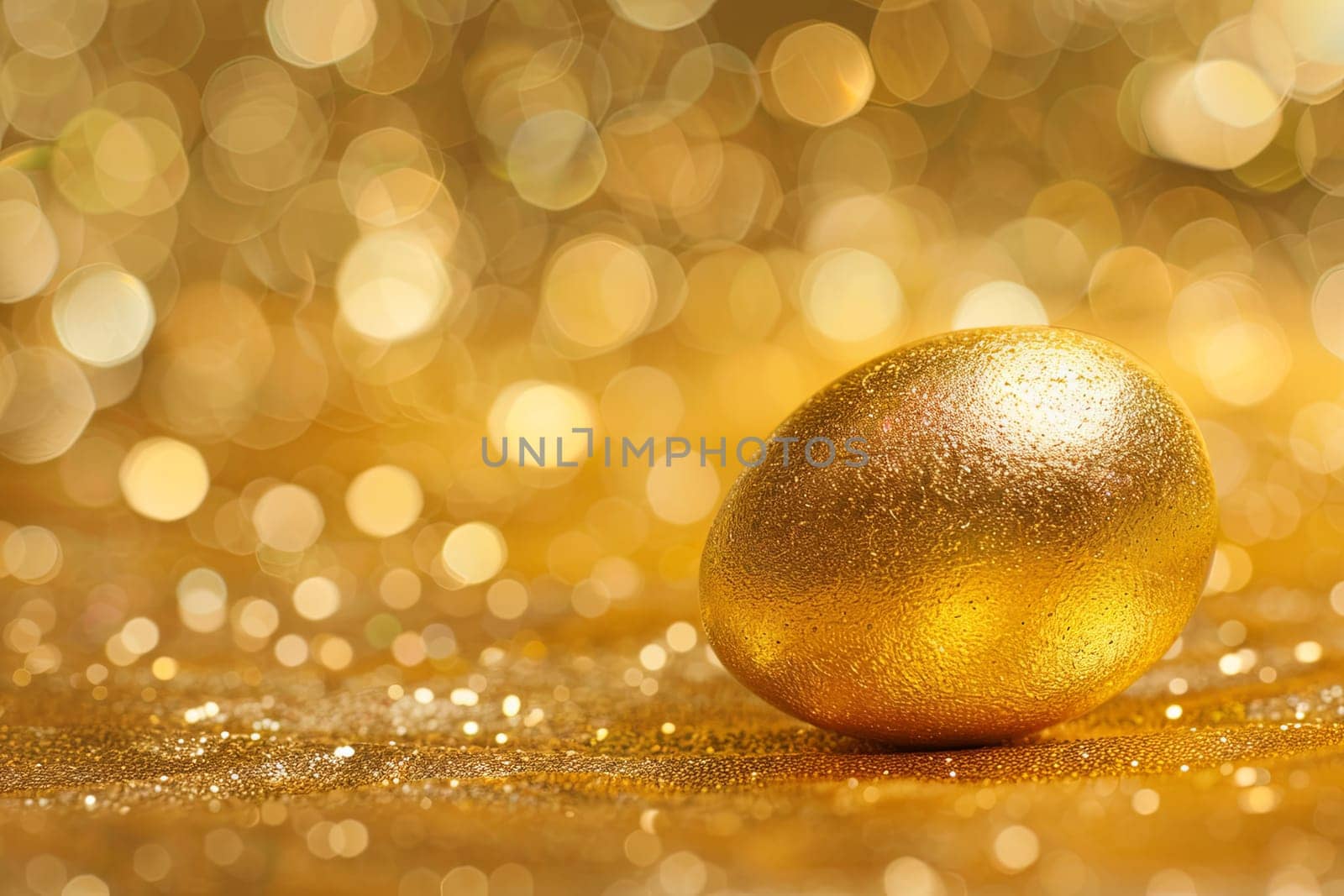 A shiny golden Christmas ornament is placed on a matching golden background. The ornament reflects light, casting a warm glow in the composition.