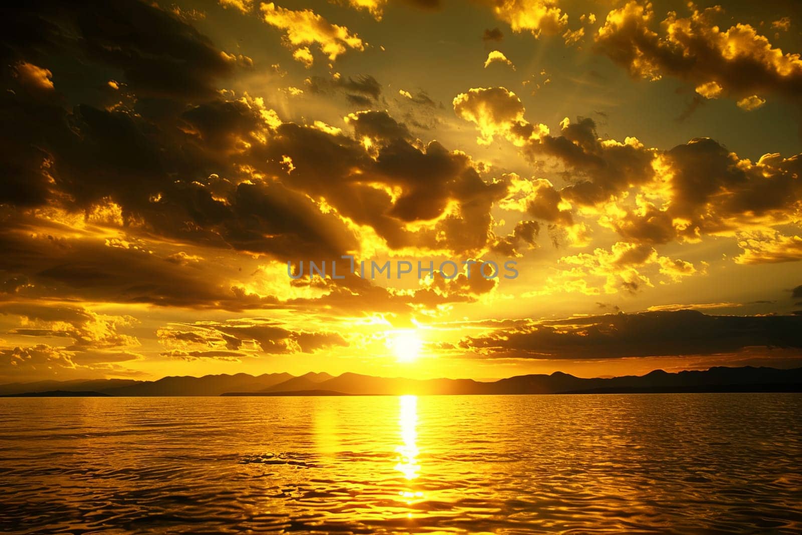 The sun is seen in the process of setting low in the sky, casting a warm orange glow over a large body of water. The sky is streaked with shades of pink, purple, and orange, reflecting off the calm water below.