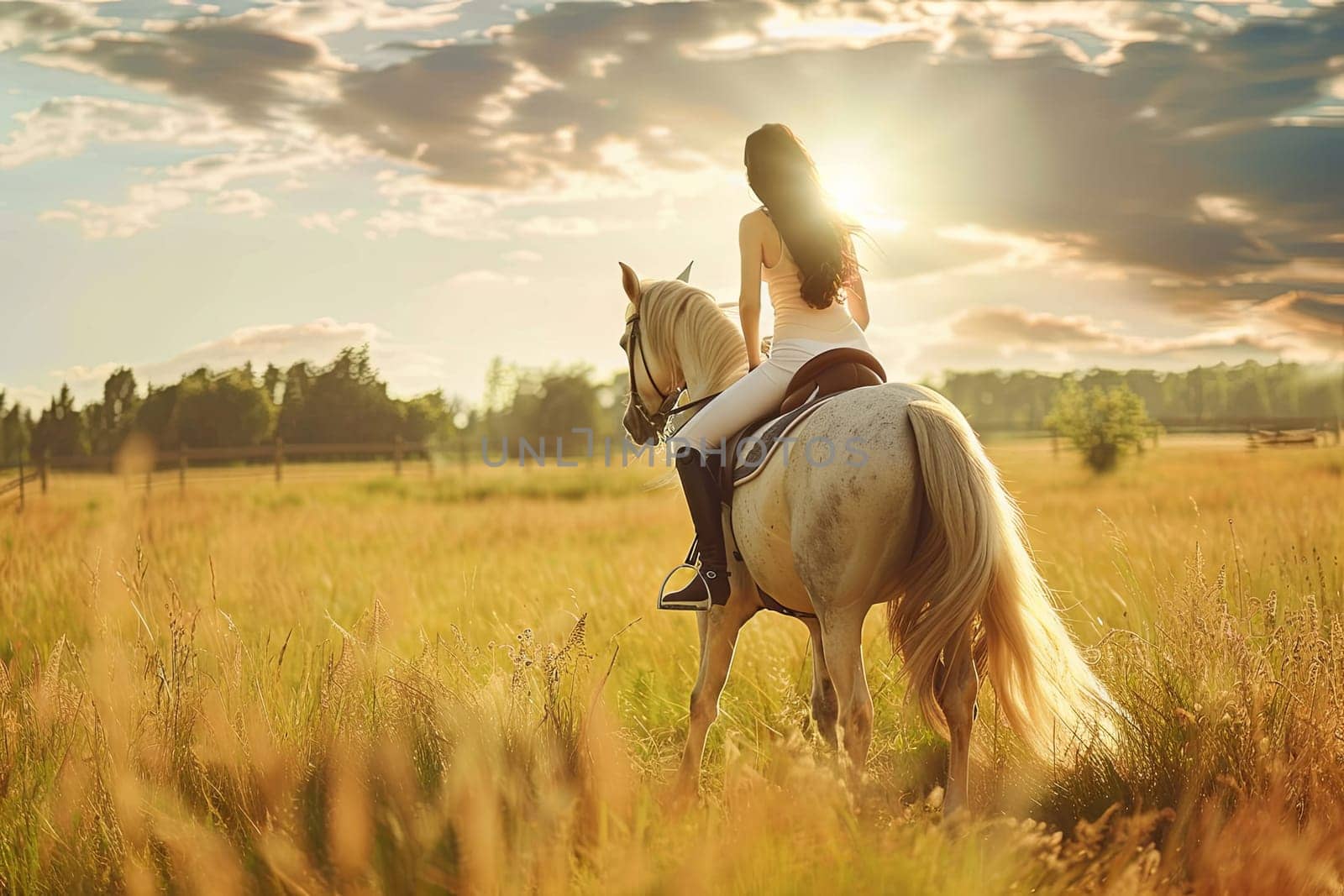 A woman with long dark hair wearing a helmet and riding gear is seated on the back of a majestic white horse. The horse is trotting gracefully, showing strength and elegance as they move.
