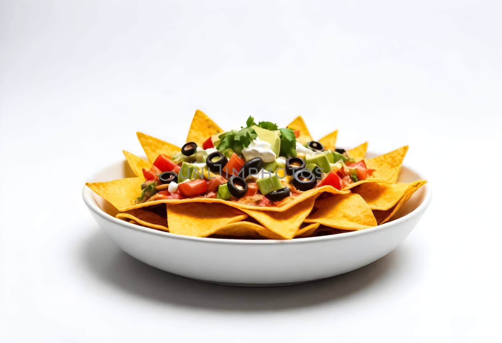 AI generated of nachos on a white plate with toppings