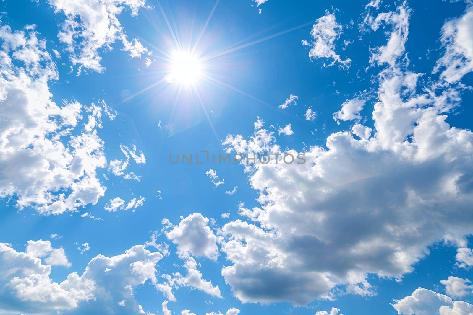 The sun shines brightly through puffy white clouds in the clear blue sky, creating a stunning natural phenomenon.