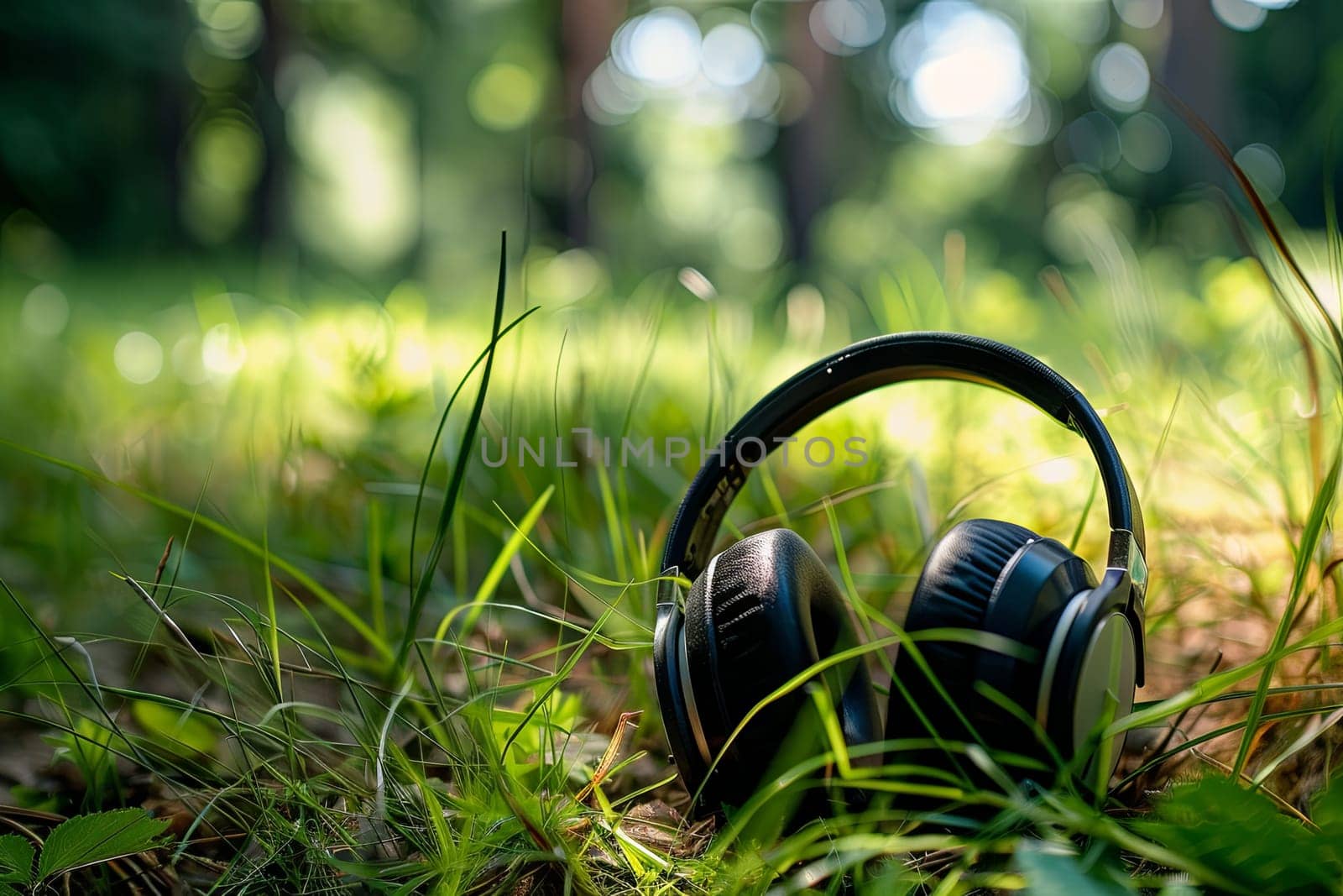 A pair of headphones abandoned in the green grass, blending with nature. The earphones rest peacefully underneath the clear sky, disconnected from their usual use.