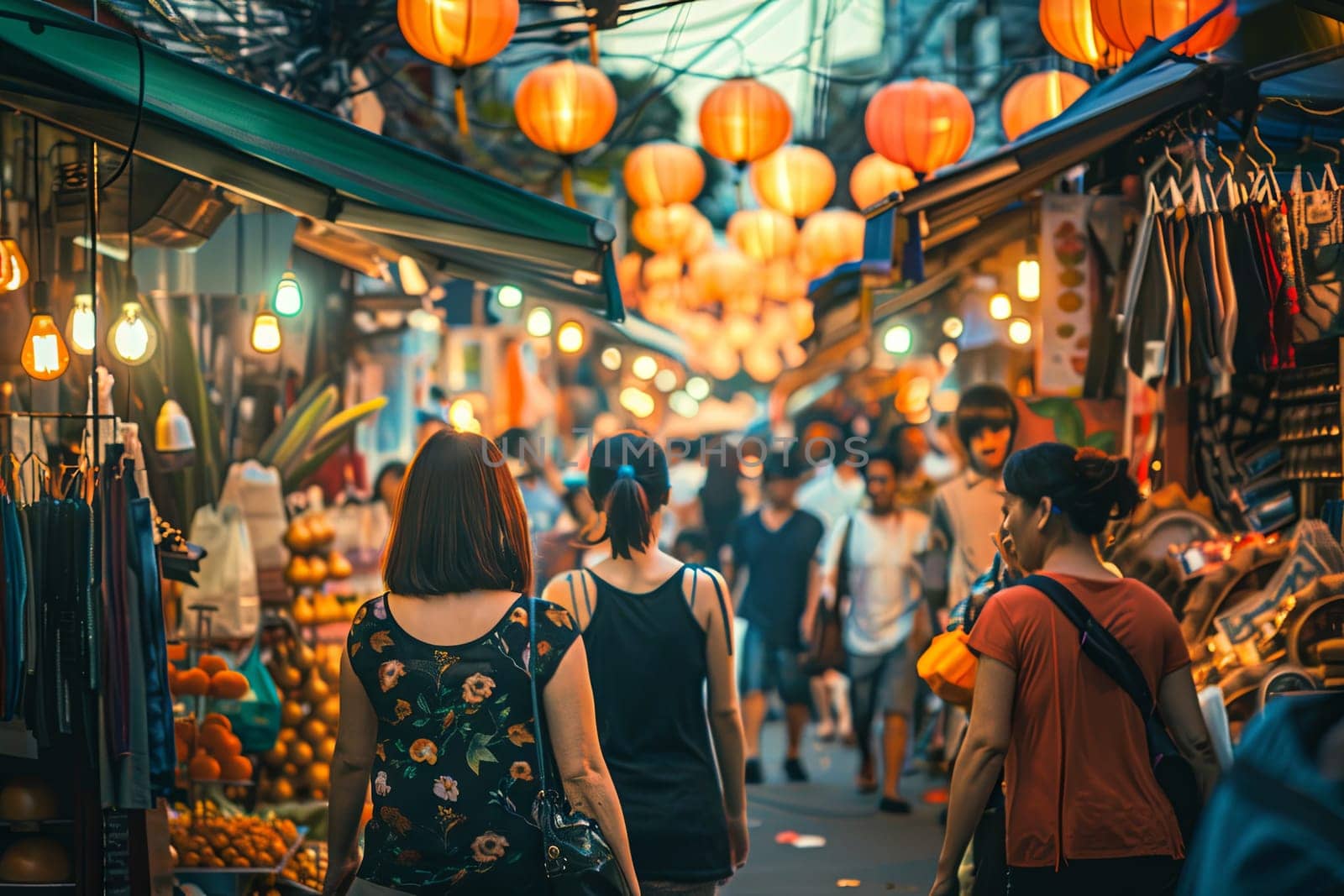 A diverse group of individuals of different ages and genders is strolling through a bustling market. They are surrounded by colorful stalls, vendors selling various goods, and shoppers browsing and making purchases. The atmosphere is lively and dynamic as people move through the crowded market.