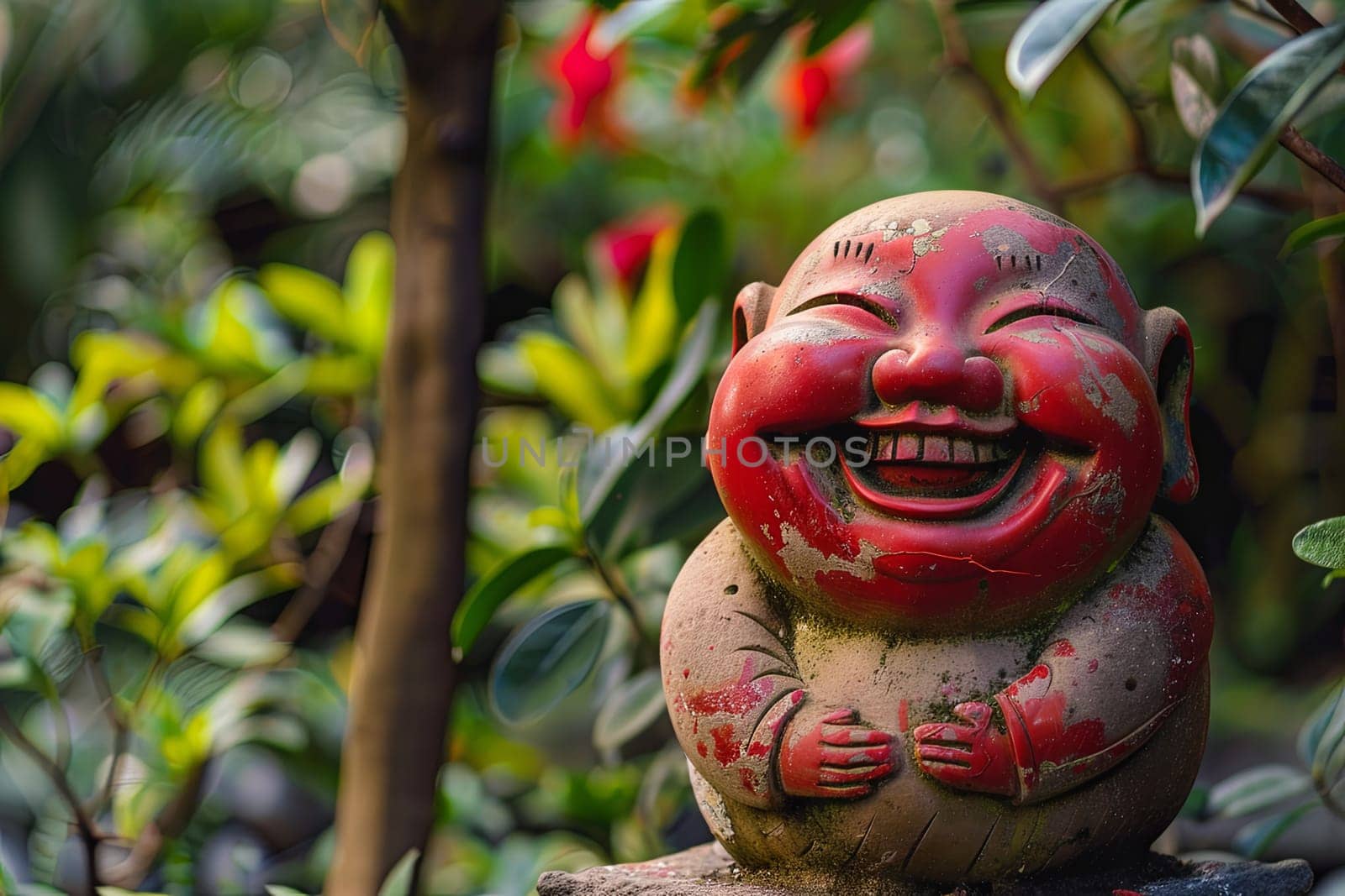 A statue of Buddha, depicted laughing joyfully, sits perched on a rock. The Buddha figure exudes happiness and contentment, radiating positive energy to all who view it.
