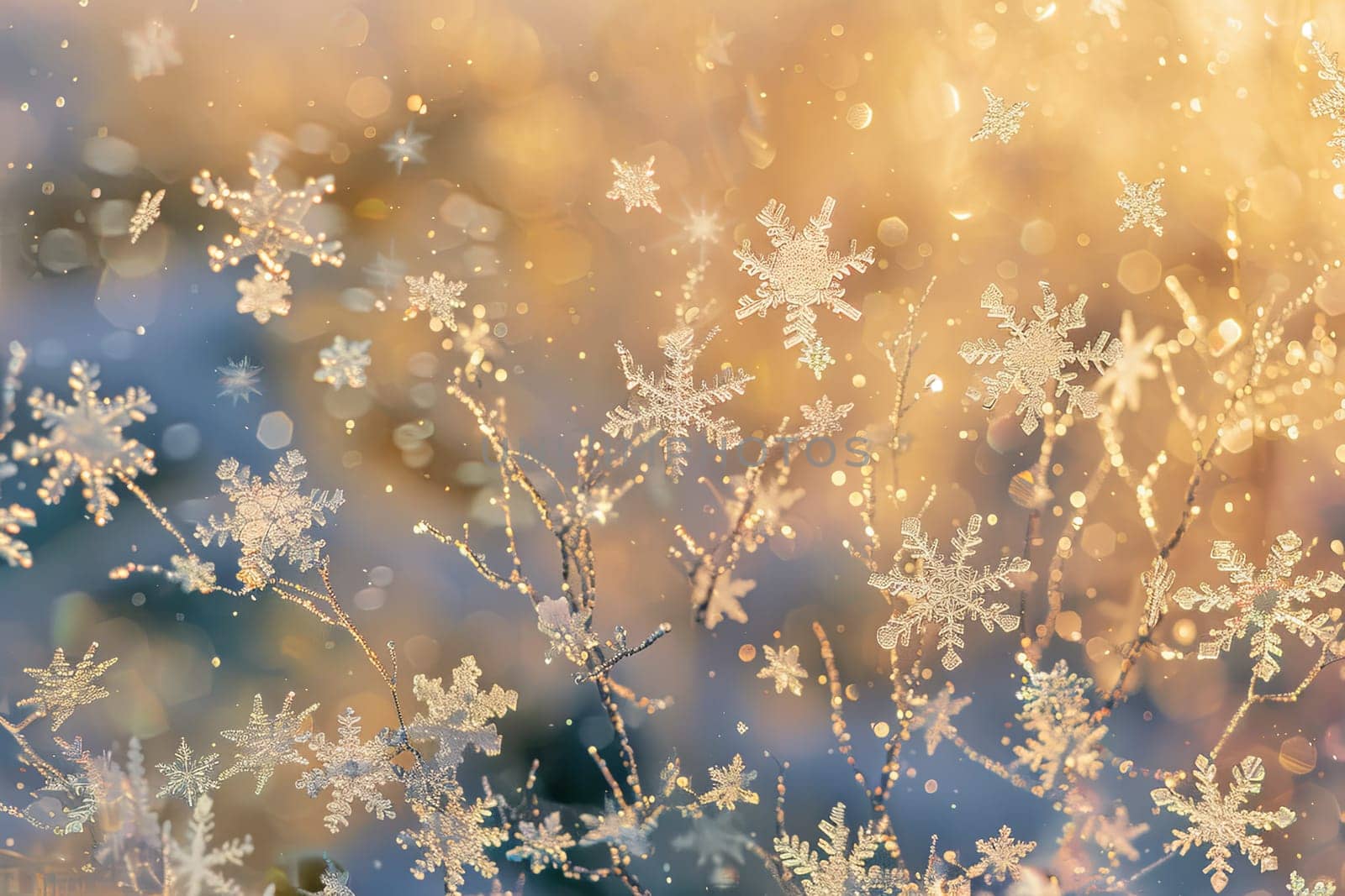 A close-up view of a plant with delicate snowflakes resting on its leaves and petals. The details of the plant stand out against the white snow, creating a winter scene.