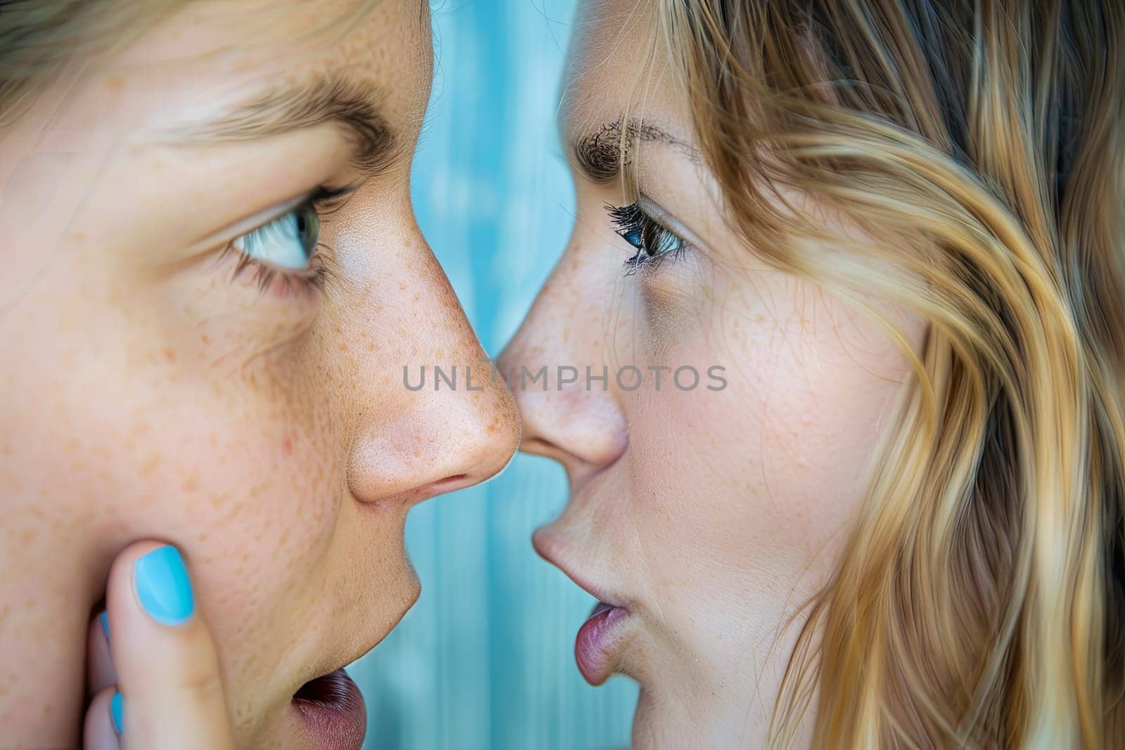 A close-up view of two individuals engaged in the affectionate act of touching noses, showing intimacy and closeness between them.