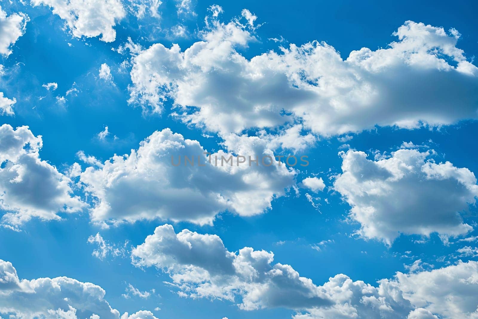 A sky of clear blue dotted with numerous fluffy white clouds, stretching endlessly across the horizon. The clouds vary in size and shape, creating a dynamic and ever-changing scene.