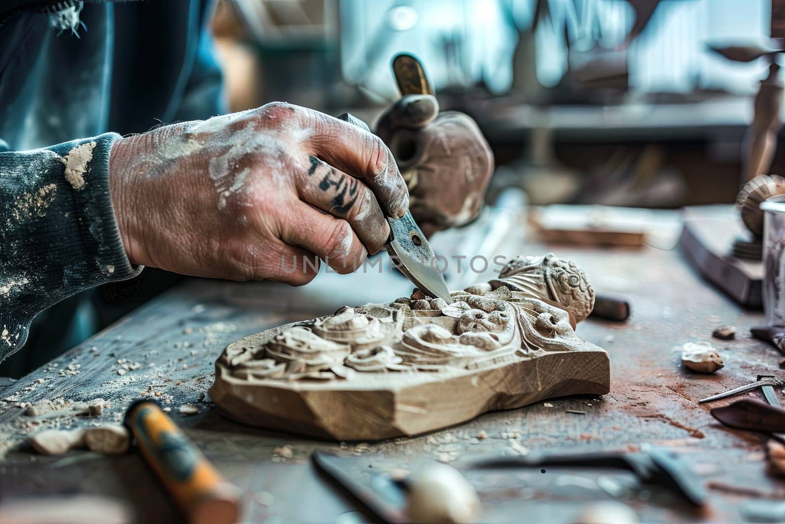A man is standing outdoors, focused on carving a piece of wood with a sharp knife. Wood chips are scattered around him as he carefully shapes the wood into a specific design. The mans hands are steady and skilled as he works on his woodcarving project.